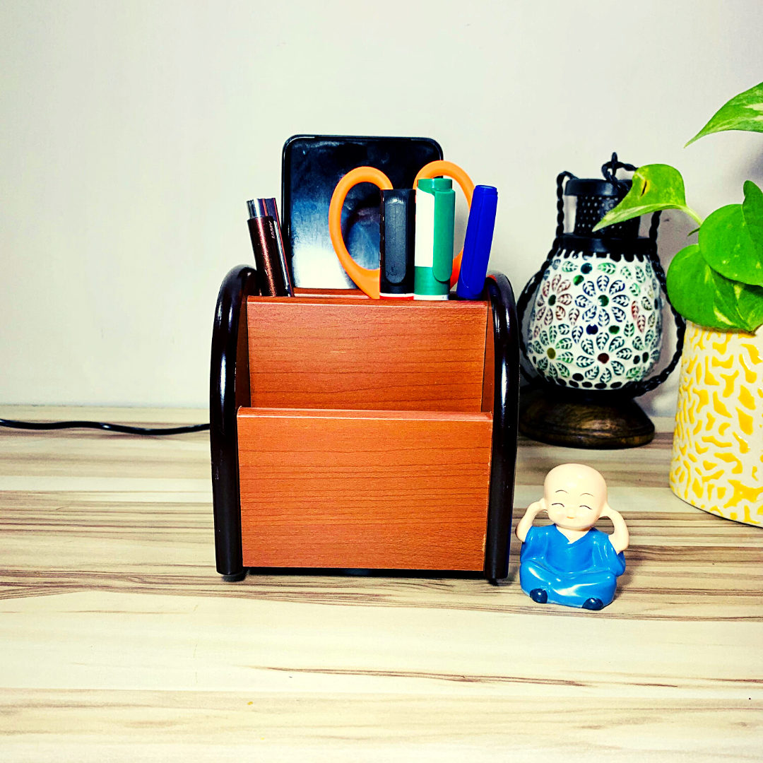 Homefrills Beautiful 360 Degree Rotating Multi-Utility Wooden Remote Control Stand Holder Cum Mobile Stand Holder Pen Pencil Stand Desk Organizer Engineered Wood Colour- Brown